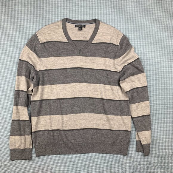 MEN'S XL Grey Striped Sweater / Banana Republic Merino WOOL V-Neck Pullover / - Picture 1 of 3